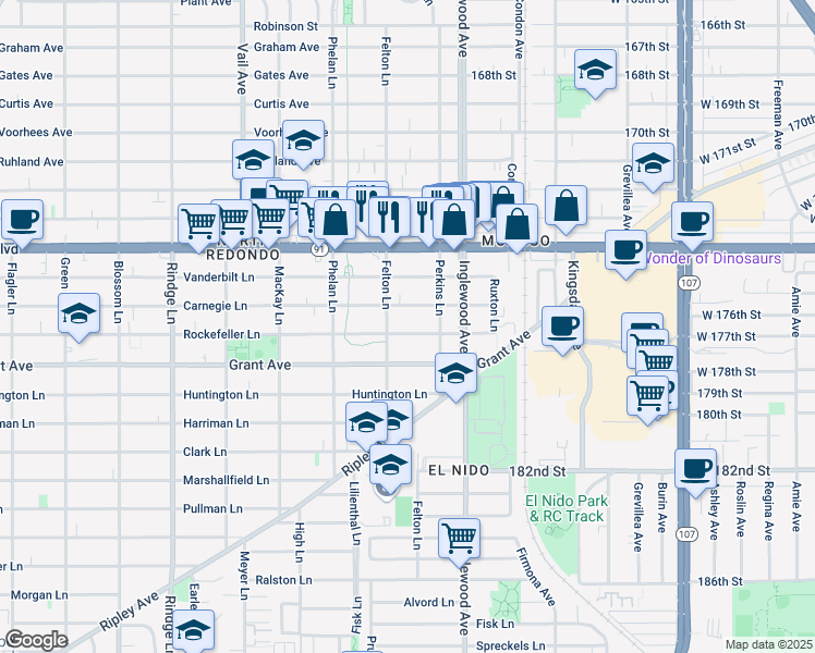 map of restaurants, bars, coffee shops, grocery stores, and more near 2609 Rockefeller Lane in Redondo Beach