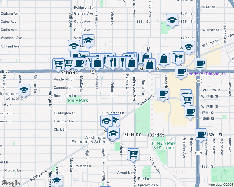 map of restaurants, bars, coffee shops, grocery stores, and more near 2607 Rockefeller Lane in Redondo Beach