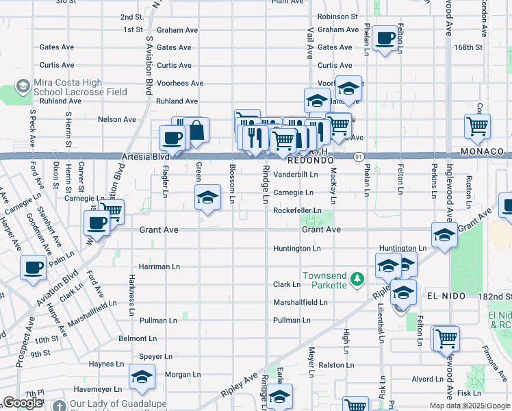 map of restaurants, bars, coffee shops, grocery stores, and more near 2117 Rockefeller Lane in Redondo Beach