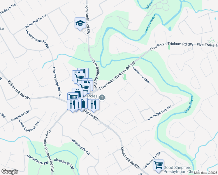 map of restaurants, bars, coffee shops, grocery stores, and more near 3950 Five Forks Trickum Road Southwest in Lilburn