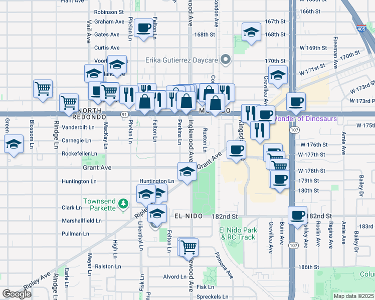map of restaurants, bars, coffee shops, grocery stores, and more near 2707 Rockefeller Lane in Redondo Beach