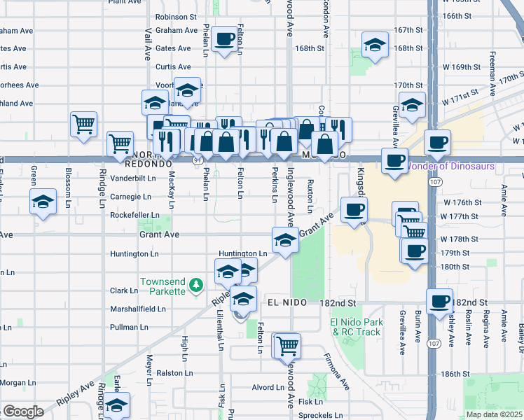 map of restaurants, bars, coffee shops, grocery stores, and more near 2609 Rockefeller Lane in Redondo Beach