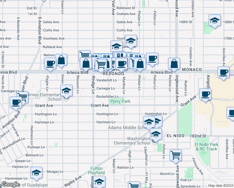 map of restaurants, bars, coffee shops, grocery stores, and more near 2313 Rockefeller Lane in Redondo Beach