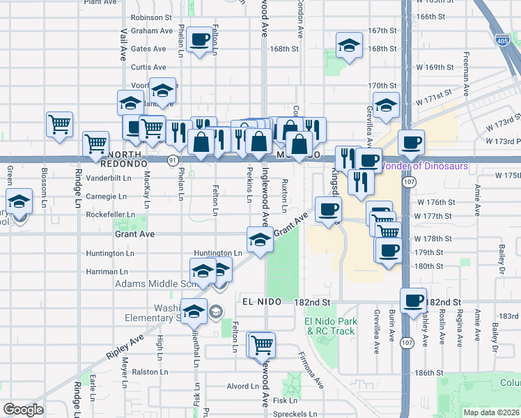 map of restaurants, bars, coffee shops, grocery stores, and more near 2707 Rockefeller Lane in Redondo Beach