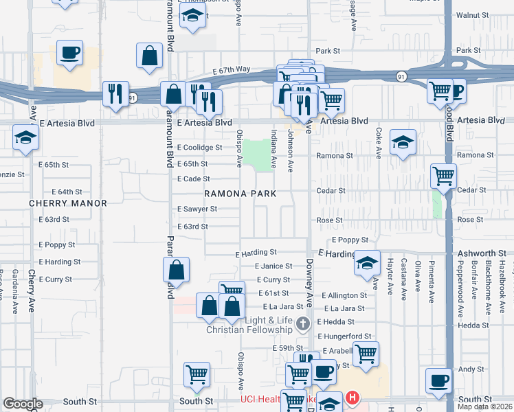 map of restaurants, bars, coffee shops, grocery stores, and more near 3341 Sawyer St in Long Beach