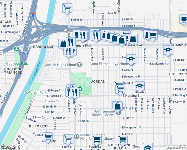 map of restaurants, bars, coffee shops, grocery stores, and more near 6340 Myrtle Avenue in Long Beach