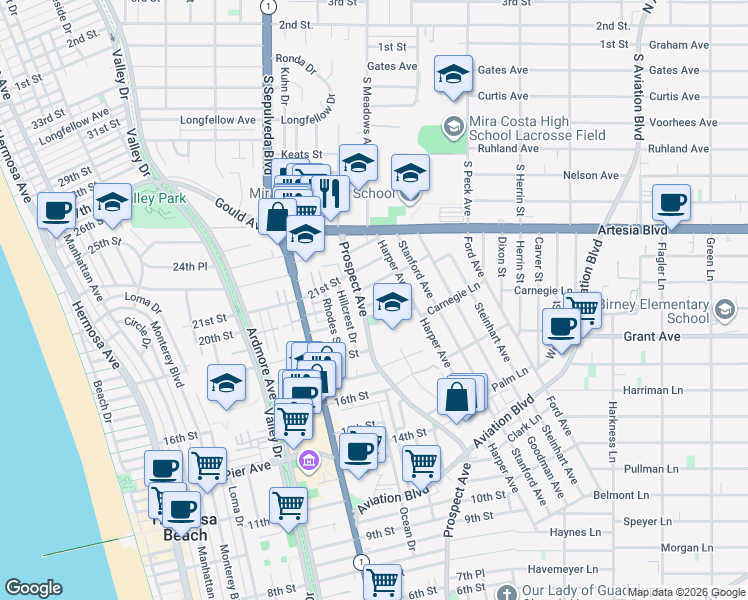 map of restaurants, bars, coffee shops, grocery stores, and more near 1121 20th Street in Hermosa Beach