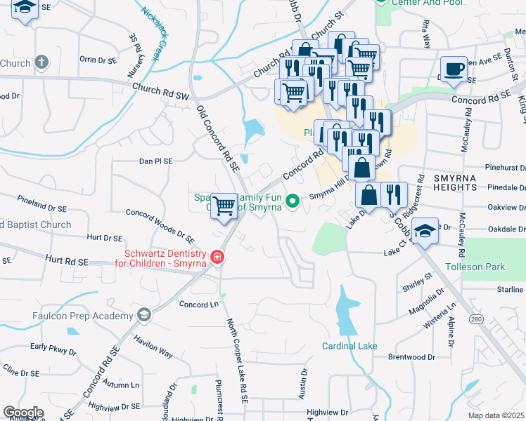 map of restaurants, bars, coffee shops, grocery stores, and more near 629 Dunton Circle Southeast in Smyrna