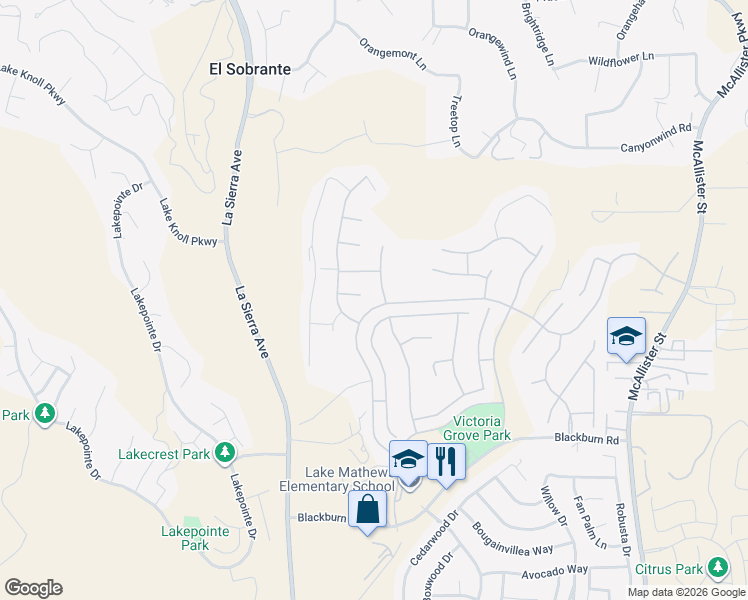 map of restaurants, bars, coffee shops, grocery stores, and more near 17231 Greentree Drive in Riverside