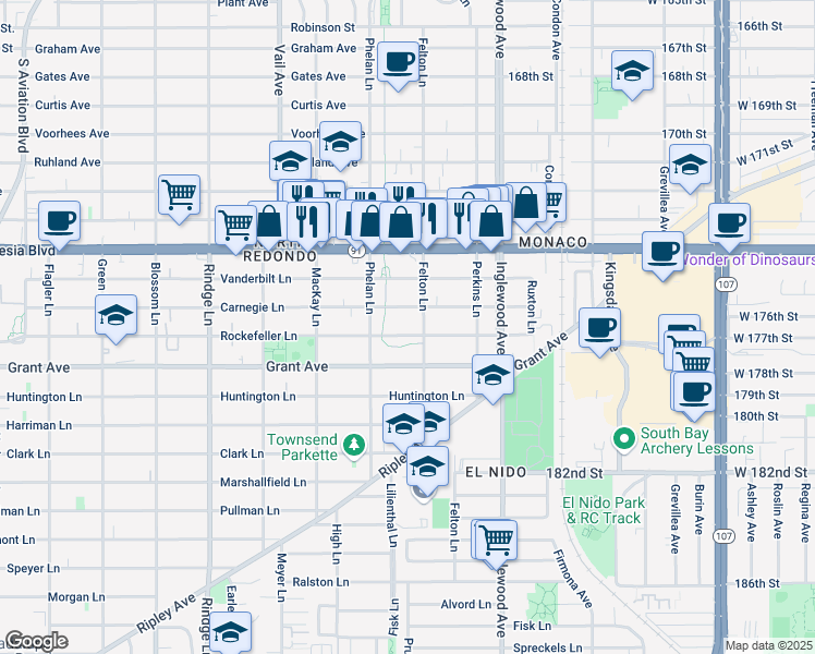 map of restaurants, bars, coffee shops, grocery stores, and more near 2517 Rockefeller Lane in Redondo Beach