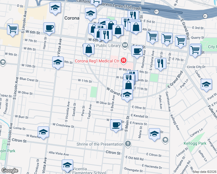 map of restaurants, bars, coffee shops, grocery stores, and more near 1114 South Belle Avenue in Corona