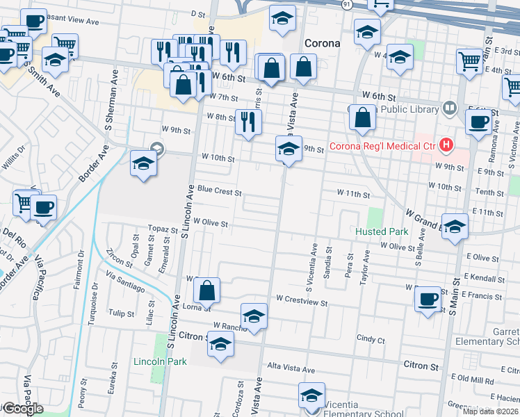 map of restaurants, bars, coffee shops, grocery stores, and more near 942 Alta Loma Drive in Corona