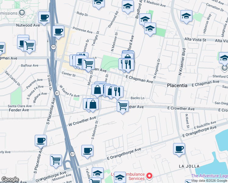 map of restaurants, bars, coffee shops, grocery stores, and more near 211 South Bradford Avenue in Placentia