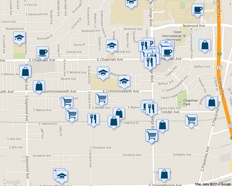 map of restaurants, bars, coffee shops, grocery stores, and more near 2044 Sudene Avenue in Fullerton