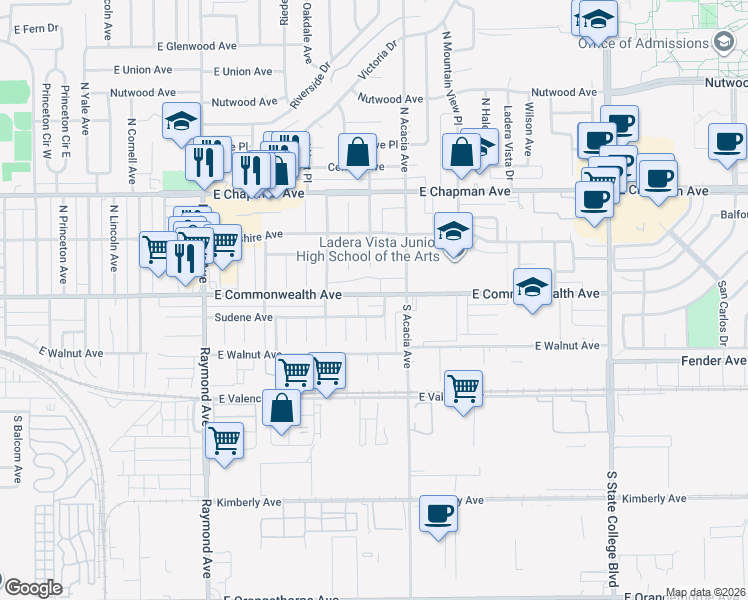 map of restaurants, bars, coffee shops, grocery stores, and more near 1535 Sudene Avenue in Fullerton