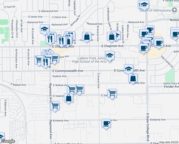 map of restaurants, bars, coffee shops, grocery stores, and more near 1535 Sudene Avenue in Fullerton