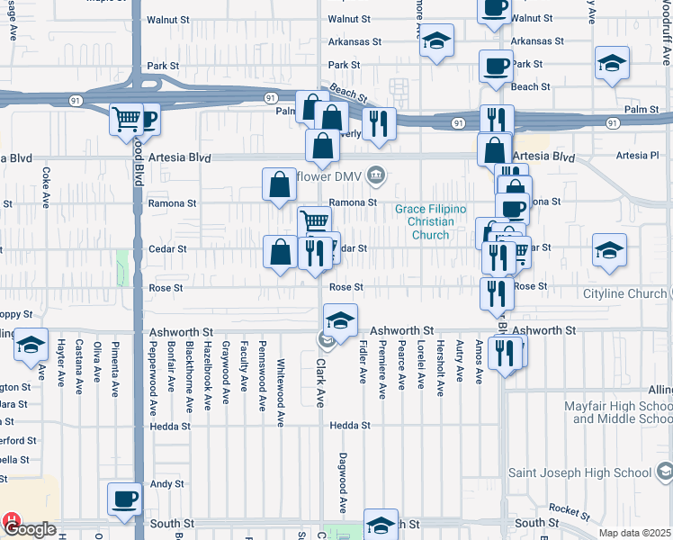 map of restaurants, bars, coffee shops, grocery stores, and more near 9437 Rose Street in Bellflower
