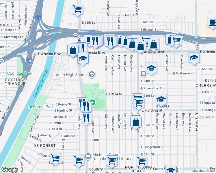 map of restaurants, bars, coffee shops, grocery stores, and more near 6340 Myrtle Avenue in Long Beach
