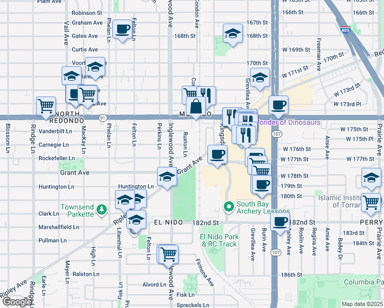 map of restaurants, bars, coffee shops, grocery stores, and more near 1714 Ruxton Lane in Redondo Beach