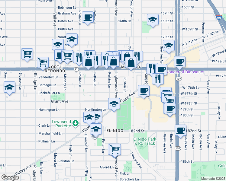 map of restaurants, bars, coffee shops, grocery stores, and more near 2703 Rockefeller Lane in Redondo Beach