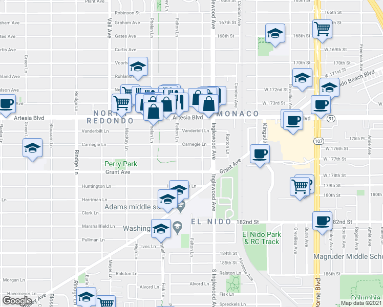 map of restaurants, bars, coffee shops, grocery stores, and more near 2609 Rockefeller Lane in Redondo Beach