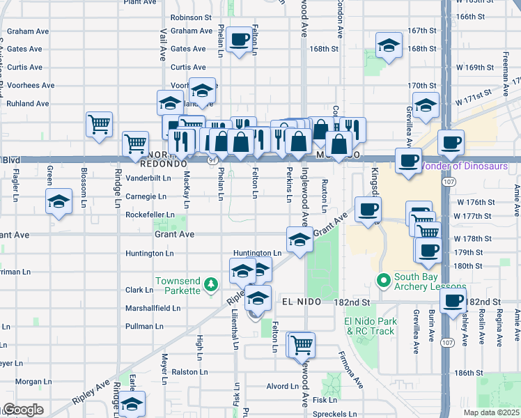 map of restaurants, bars, coffee shops, grocery stores, and more near 2609 Rockefeller Lane in Redondo Beach