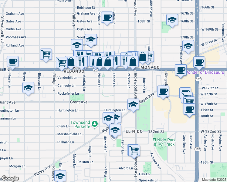 map of restaurants, bars, coffee shops, grocery stores, and more near 2517 Rockefeller Lane in Redondo Beach
