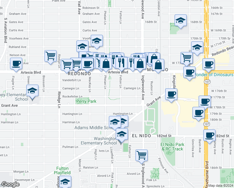 map of restaurants, bars, coffee shops, grocery stores, and more near 2517 Rockefeller Lane in Redondo Beach