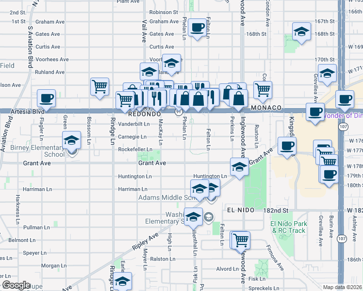 map of restaurants, bars, coffee shops, grocery stores, and more near 2422 Rockefeller Lane in Redondo Beach