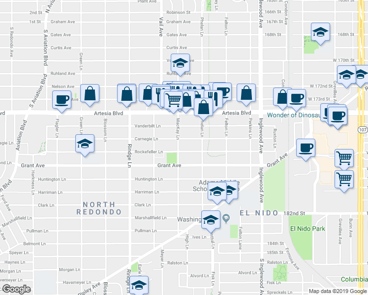 map of restaurants, bars, coffee shops, grocery stores, and more near 2406 Rockefeller Lane in Redondo Beach