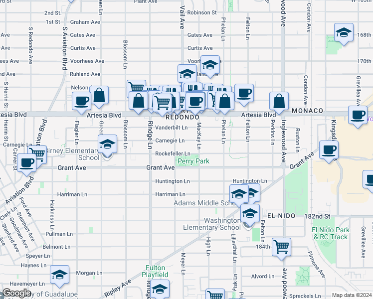 map of restaurants, bars, coffee shops, grocery stores, and more near 2313 Rockefeller Lane in Redondo Beach