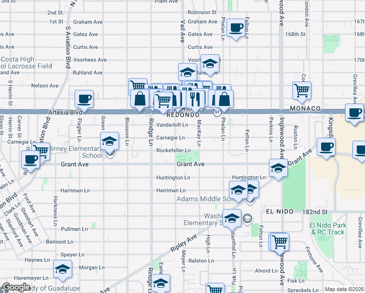map of restaurants, bars, coffee shops, grocery stores, and more near 2313 Rockefeller Lane in Redondo Beach
