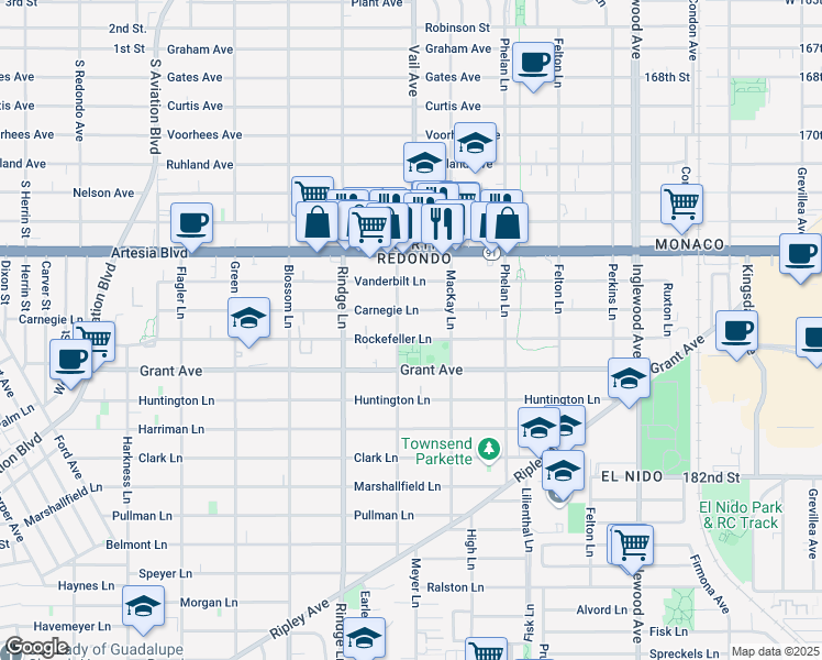 map of restaurants, bars, coffee shops, grocery stores, and more near 2313 Rockefeller Lane in Redondo Beach