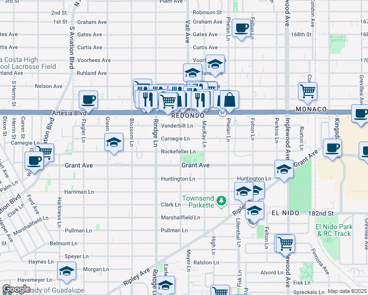 map of restaurants, bars, coffee shops, grocery stores, and more near 2221 Rockefeller Lane in Redondo Beach