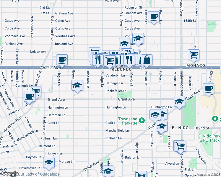 map of restaurants, bars, coffee shops, grocery stores, and more near 2221 Rockefeller Lane in Redondo Beach