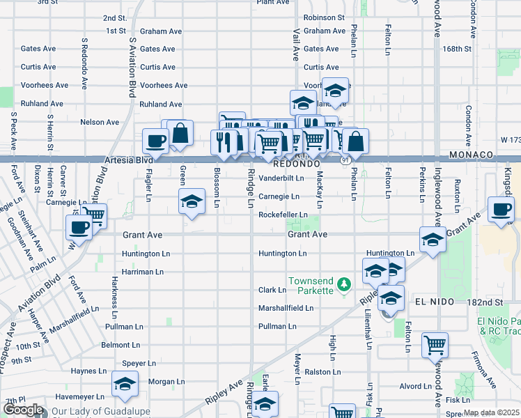 map of restaurants, bars, coffee shops, grocery stores, and more near 2200 Rockefeller Lane in Redondo Beach