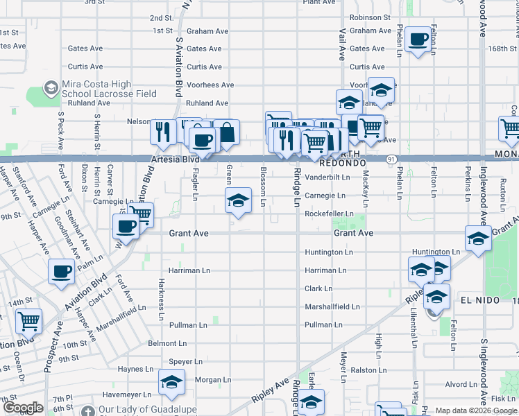 map of restaurants, bars, coffee shops, grocery stores, and more near 1600 Green Lane in Redondo Beach