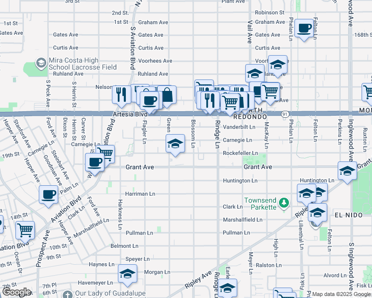 map of restaurants, bars, coffee shops, grocery stores, and more near 1600 Green Lane in Redondo Beach