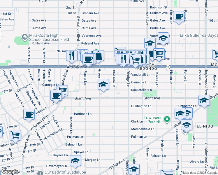 map of restaurants, bars, coffee shops, grocery stores, and more near 1600 Green Lane in Redondo Beach