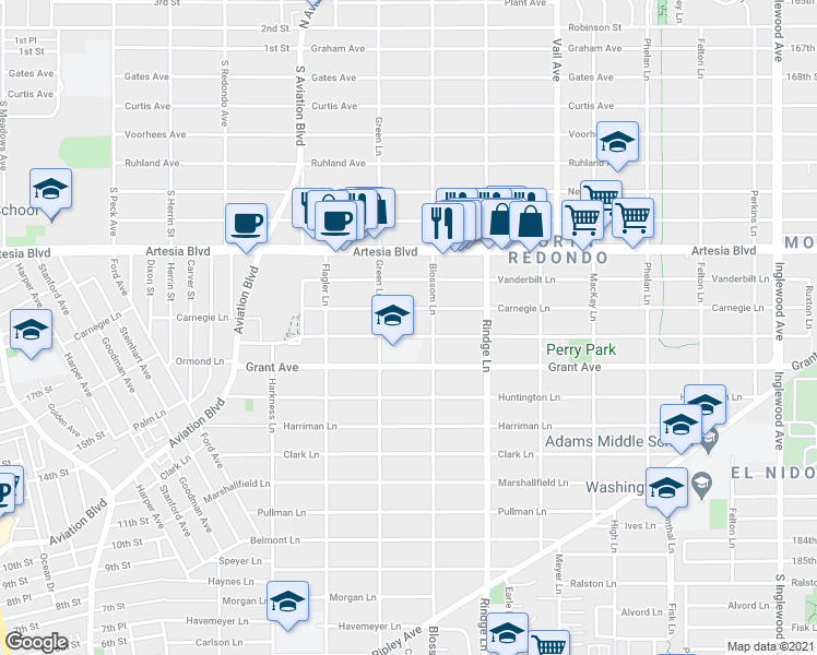 map of restaurants, bars, coffee shops, grocery stores, and more near 1600 Green Lane in Redondo Beach