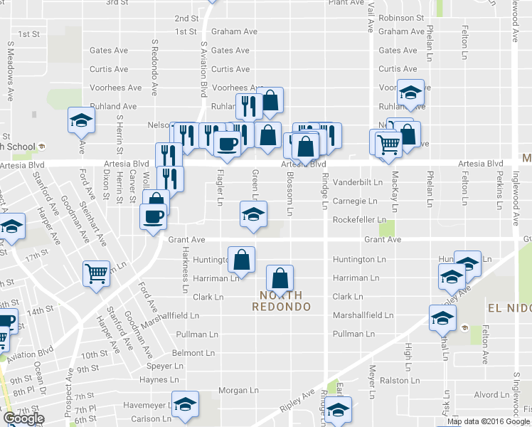 map of restaurants, bars, coffee shops, grocery stores, and more near 1922 1/2 Rockefeller Lane in Redondo Beach