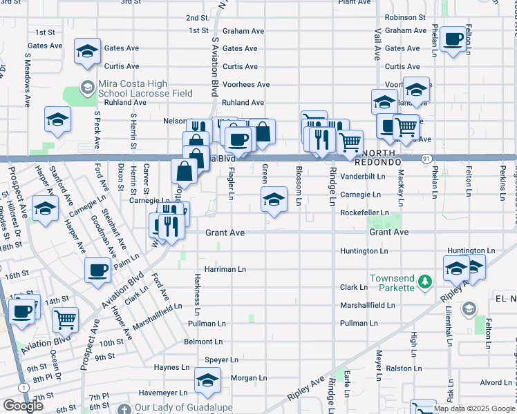 map of restaurants, bars, coffee shops, grocery stores, and more near 1922 1/2 Rockefeller Lane in Redondo Beach
