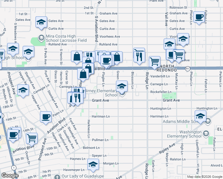 map of restaurants, bars, coffee shops, grocery stores, and more near 1905 Rockefeller Lane in Redondo Beach