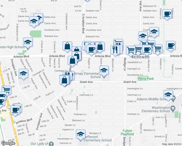 map of restaurants, bars, coffee shops, grocery stores, and more near 1905 Rockefeller Lane in Redondo Beach