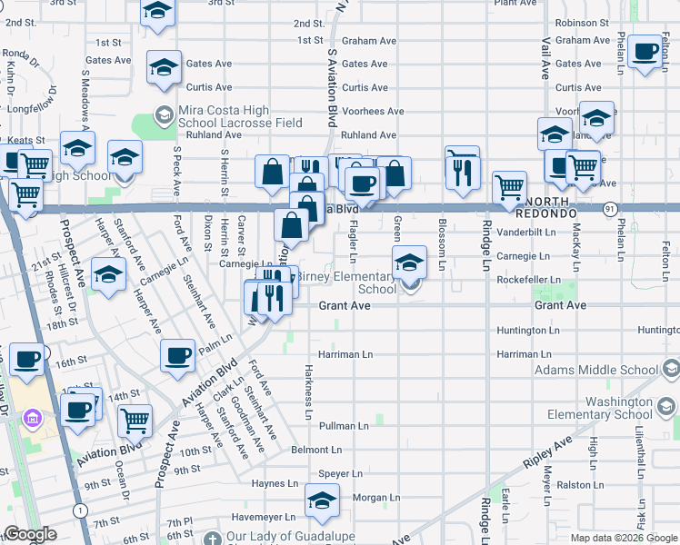 map of restaurants, bars, coffee shops, grocery stores, and more near 1831 Rockefeller Lane in Redondo Beach