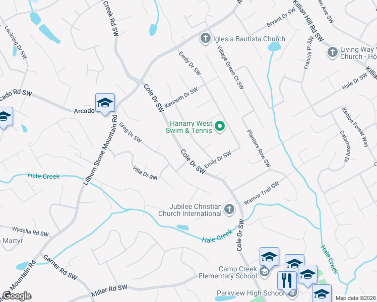 map of restaurants, bars, coffee shops, grocery stores, and more near 538 Cole Drive Southwest in Lilburn