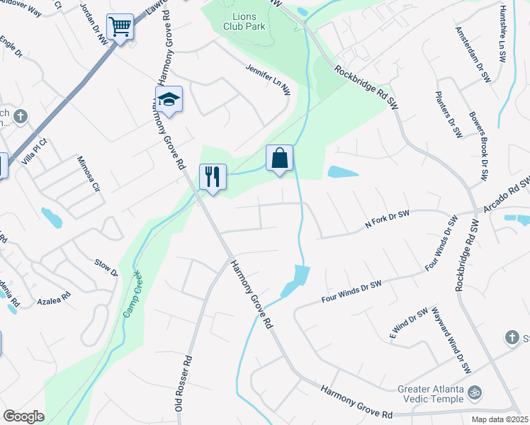 map of restaurants, bars, coffee shops, grocery stores, and more near 5618 Fern Creek Drive Southwest in Lilburn