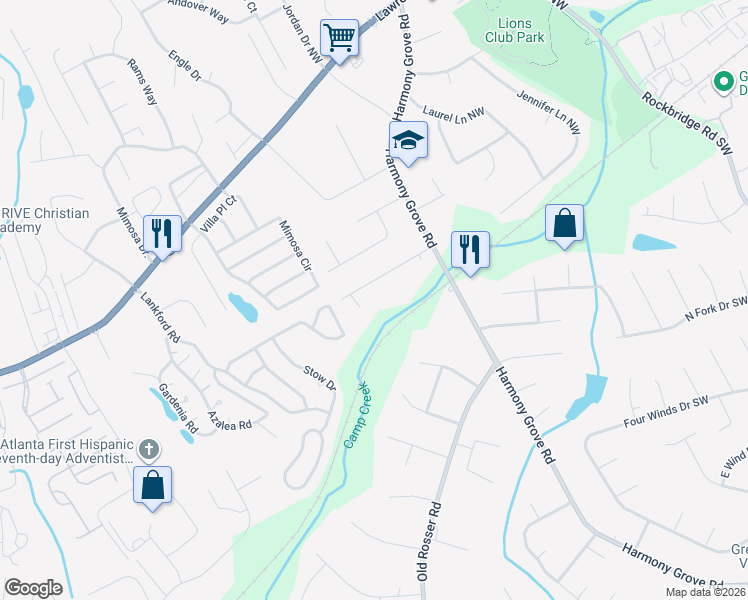 map of restaurants, bars, coffee shops, grocery stores, and more near 17 Lost Grove Court Northwest in Lilburn