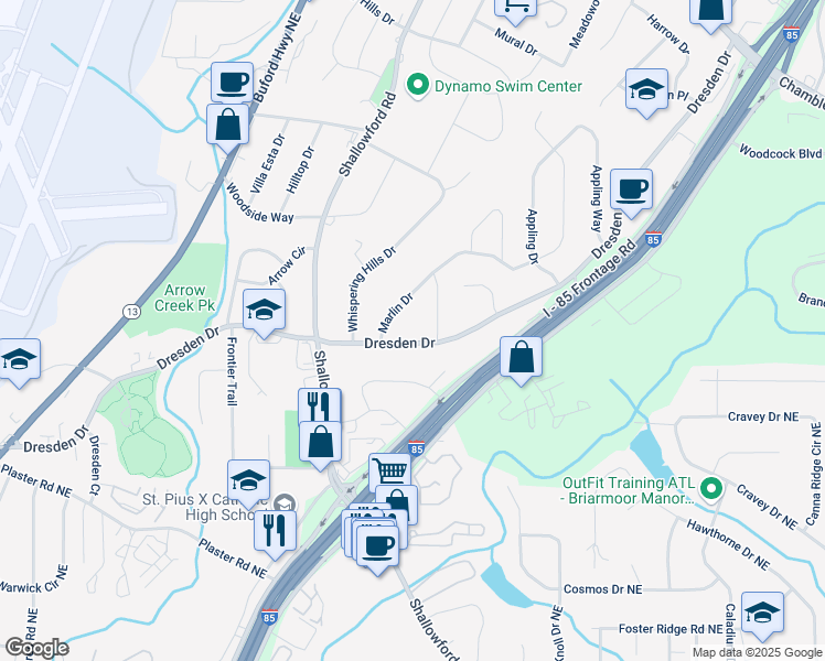 map of restaurants, bars, coffee shops, grocery stores, and more near 2592 Dresden Drive in Atlanta