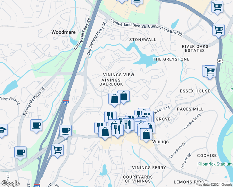 map of restaurants, bars, coffee shops, grocery stores, and more near 2955 Seven Pines Lane in Atlanta